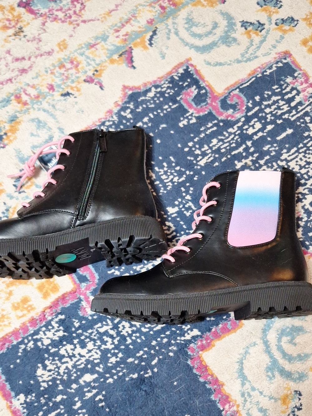 Kids Black Combat Boots with Pink Laces and Gradient Panel
